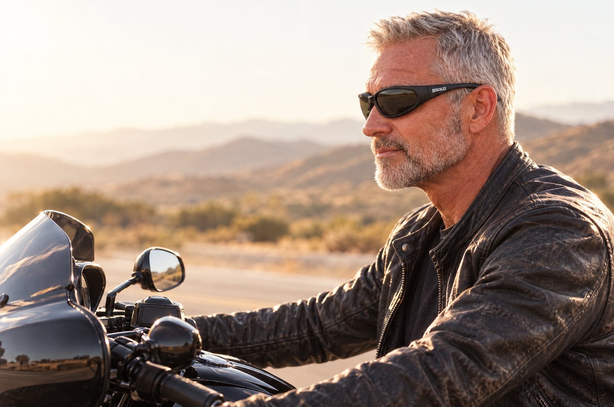 A silver-haired rider on a black touring motorcycle, seen in profile, wearing Hercules Rider Readers with the HERCULES logo on the temple.