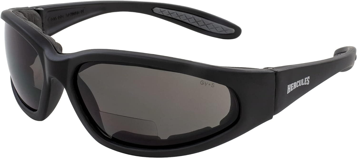 Hercules Rider Readers with smoked lenses, with numbered markers on the foam lining, ear pads, lenses, frame, reading zone and lens coating.